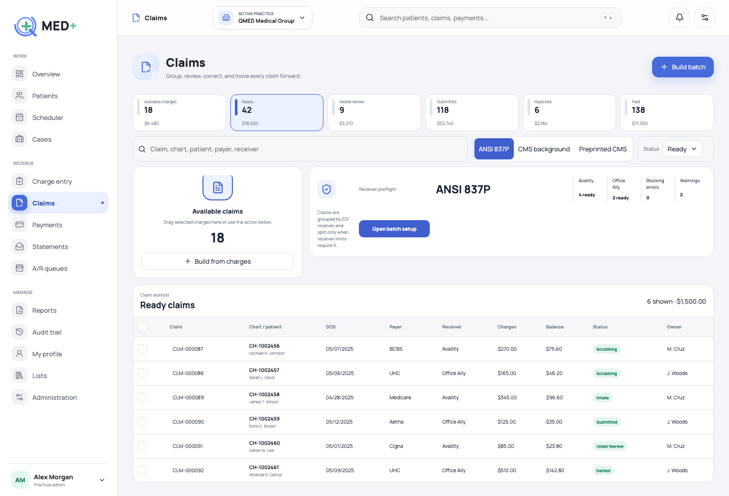Claims workspace QMED+ product screen