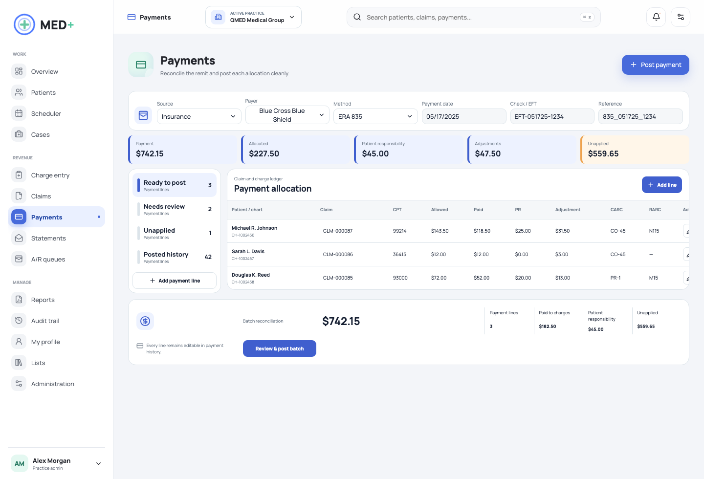 Patient statements QMED+ product screen